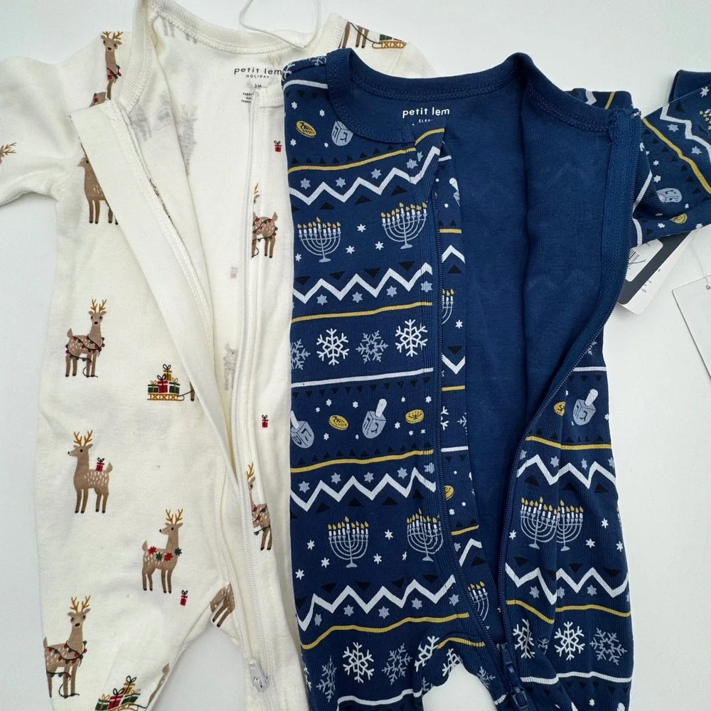 NEW‎ Petit Lem Lot of 2 Baby 3M Holiday Reindeer Organic Cotton Footie Pajamas